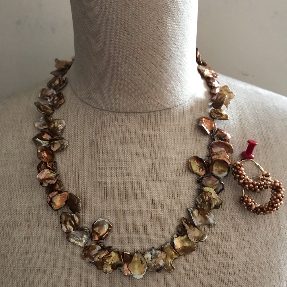 Copper Color Flat Keshi Pearl Necklace & Earring Set